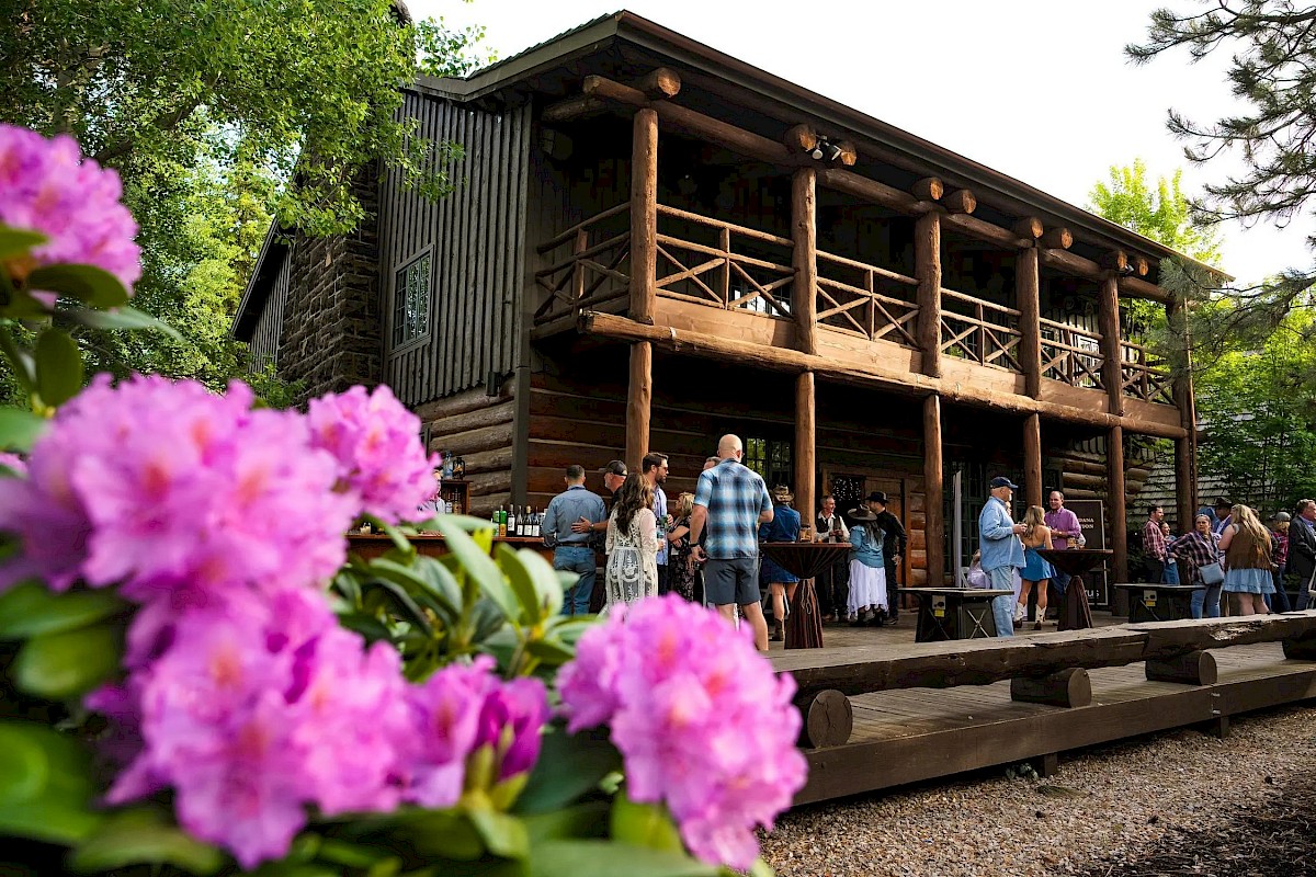 People gather at an outdoor bar in front of a rustic wooden building with balconies and string lights, framed by blooming purple flowers.